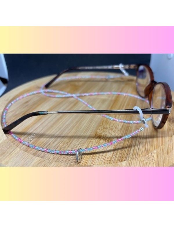 brillenkoordje zacht turquoise blauw met roze