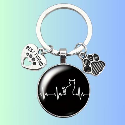 RVS sleutelhanger met zwart plaatje hartslag met kat