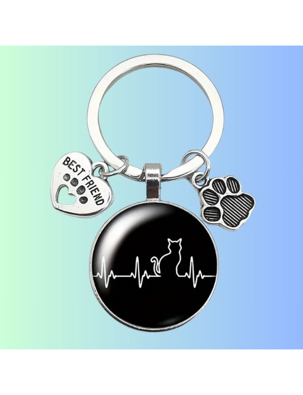 RVS sleutelhanger met zwart plaatje hartslag met kat